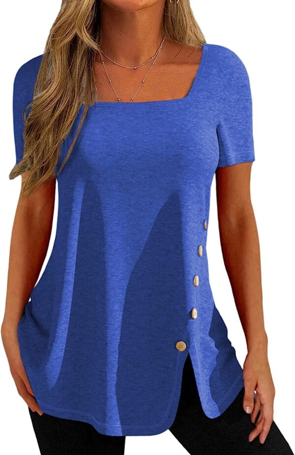 Visit the EVALESS Store EVALESS Womens Summer Short Sleeve Square Neck Tops Blouses Casual Loose Fit T Shirts Tunic 4.8 4.8 out of 5 stars    17 ratings | 3 answered questions $21.99 No Import Fees Deposit & $18.33 Shipping to Nigeria Details  Fit: True to size. Order usual size.  Color: Blue