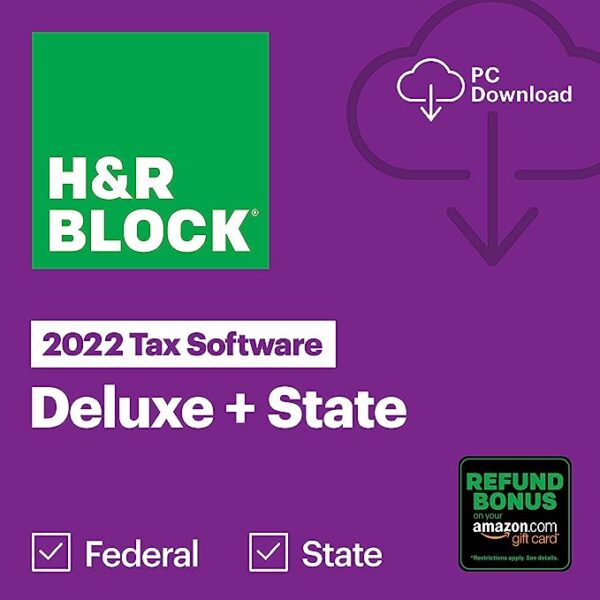 H&R Block Tax Software Deluxe + State 2022 with Refund Bonus Offer (Amazon Exclusive) [PC Download] Visit the H&R Block Store Platform : Windows 10, Windows 11 4.2 4.2 out of 5 stars    3,043 ratings Amazon's Choice for "h&r block 2022 deluxe and state" -22% $34.97