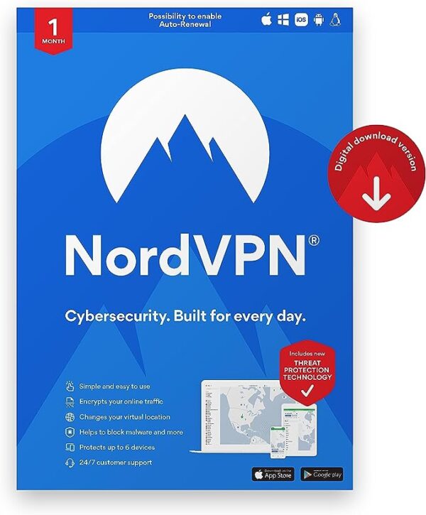 NordVPN Standard – 1-Month VPN & Cybersecurity Software Subscription For 6 Devices - Block Malware, Malicious Links & Ads, Protect Personal Information | PC/Mac/Mobile | Activation Code via Email [Online Code] Visit the NordVPN Store Platform : Linux, Mac, iOS, Windows, Android 5.0 5.0 out of 5 stars    1 rating $12.99