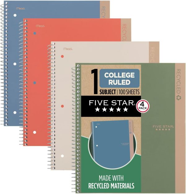 Five Star Spiral Notebooks + Study App, Recycled Cover, 4 Pack, 1 Subject, College Ruled Paper, 8-1/2” x 11", 100 Sheets per Notebook, Zion Clay, Olympic Green, Glacier Blue, Smoky Gray(820046) Visit the Five Star Store 4.8 4.8 out of 5 stars    1,204 ratings | Search this page 4K+ bought in past month $24.99$24.99 $6.25 per Count($6.25 / Count) $66.76 Shipping & Import Fees Deposit to Nigeria Details