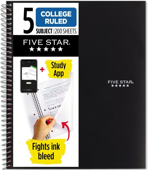 Five Star Spiral Notebook + Study App, 5 Subject, College Ruled Paper, Fights Ink Bleed, Water Resistant Cover, 8-1/2" x 11", 200 Sheets, Black (72081) Visit the Five Star Store 4.8 4.8 out of 5 stars    29,660 ratings | Search this page #1 Best Seller in Subject Notebooks 70K+ bought in past month $5.68 with 53 percent savings-53% $5.68 List Price: $11.99List Price: $11.99  $39.72 Shipping & Import Fees Deposit to Nigeria Details