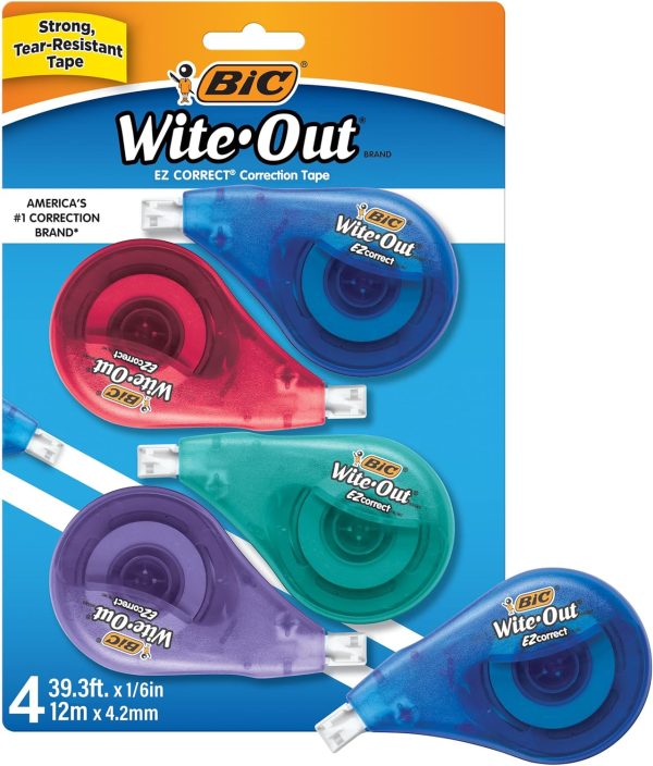 BIC White-Out Brand EZ Correct Correction Tape, 39.3 Feet, 4-Count Pack of white Correction Tape, Fast, Clean and Easy to Use Tear-Resistant Tape Visit the BIC Store 4.6 4.6 out of 5 stars    61,818 ratings | Search this page 60K+ bought in past month $5.99 with 25 percent savings-25% $5.99 $1.50 per Count($1.50 / Count) List Price: $7.99List Price: $7.99  $23.76 Shipping & Import Fees Deposit to Nigeria Details